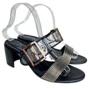 AGL Heels Mila Sandals Clear Strap Leather Black Silver Metallic Block Heel 7 37